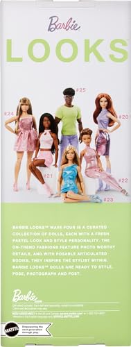 Barbie Looks Ken Doll, Collectible No. 25 with Curly Black Hair & Modern Y2K Fashion, Chartreuse Tee & Pastel Trousers with Silver Boots