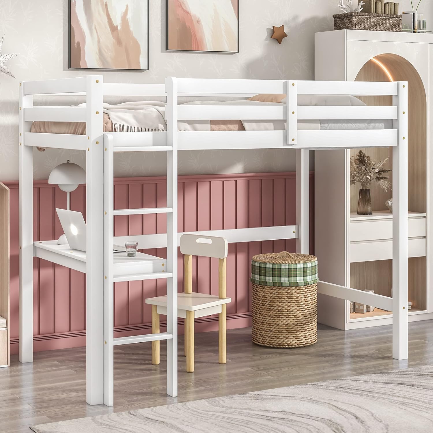 Wooden Twin Size Loft Bed with Desk and Ladder, Sturdy Loftbeds for Kids Teens Bedroom, White