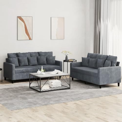 vidaXL 2-Piece Dark Gray Velvet Sofa Set with Thick Padded Seats and Back Pillows - Modern Design for Living Room Furniture