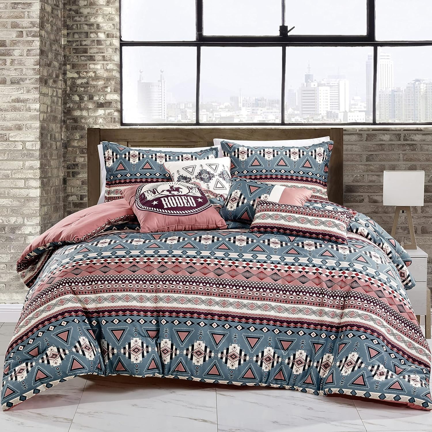 ESCA 7-Piece Kyla Teal Pink Southwestern Design Comforter Bedding Set - OEKO-TEX Standard 100, Breathable, All Season, Extra Soft, Lightweight - Queen Size