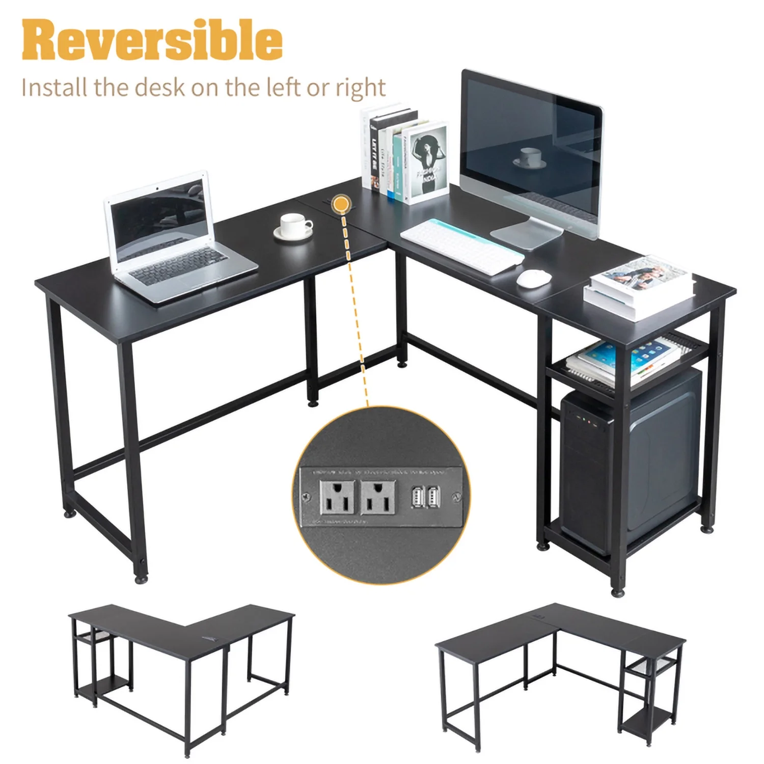 RUseeN L-Shaped Desktop Computer Desk with Power Outlets & Shelf Tiger Black