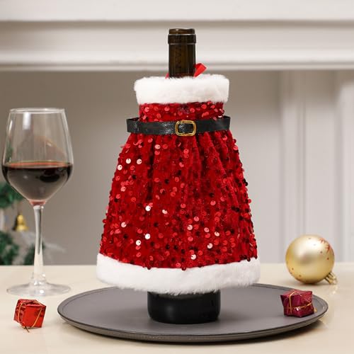 Christmas Wine Bottle Cover Christmas Red Sequin Wine Bottle Cover Xmas Glitter Santa Claus Sweater Champagne Decorations for Xmas New Year Party Table Accessories (Coat)