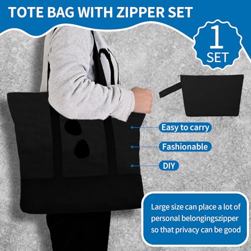 16 Pack Canvas Tote Bags Bulk and Makeup Pouches Set, 12oz Cotton Reusable Zippered Grocery Bags with Handles, DIY Sublimation, Halloween Craft, Beach & Travel with External Pocket (Women & Men)