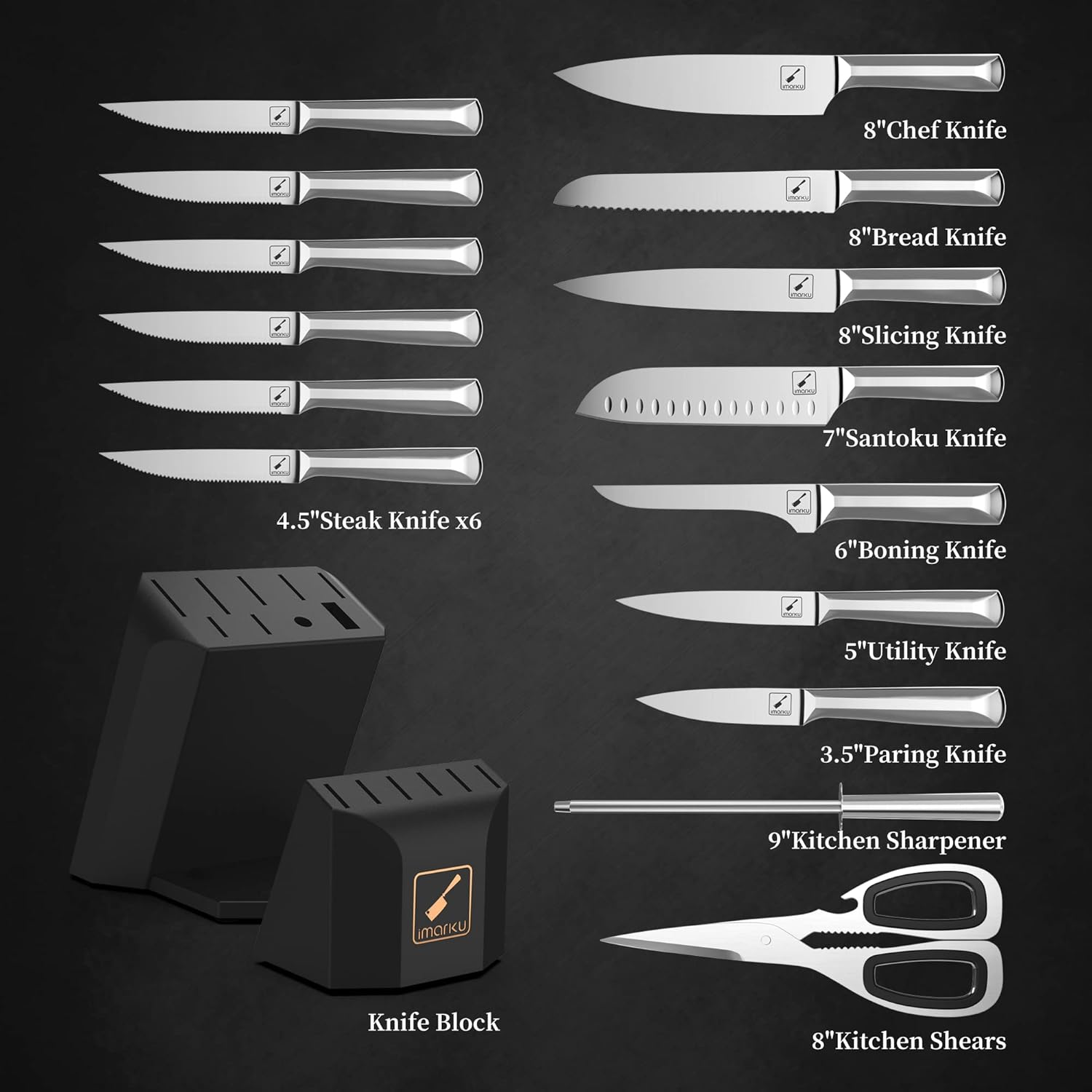 imarku Knife Set, 16 Pcs Kitchen Knife Set with Block, Ultra Sharp Stainless Steel Chef Knife Set, Dishwasher Safe Knife Block Set with One-piece Ergonomic Handle, Gifts for Women and Men