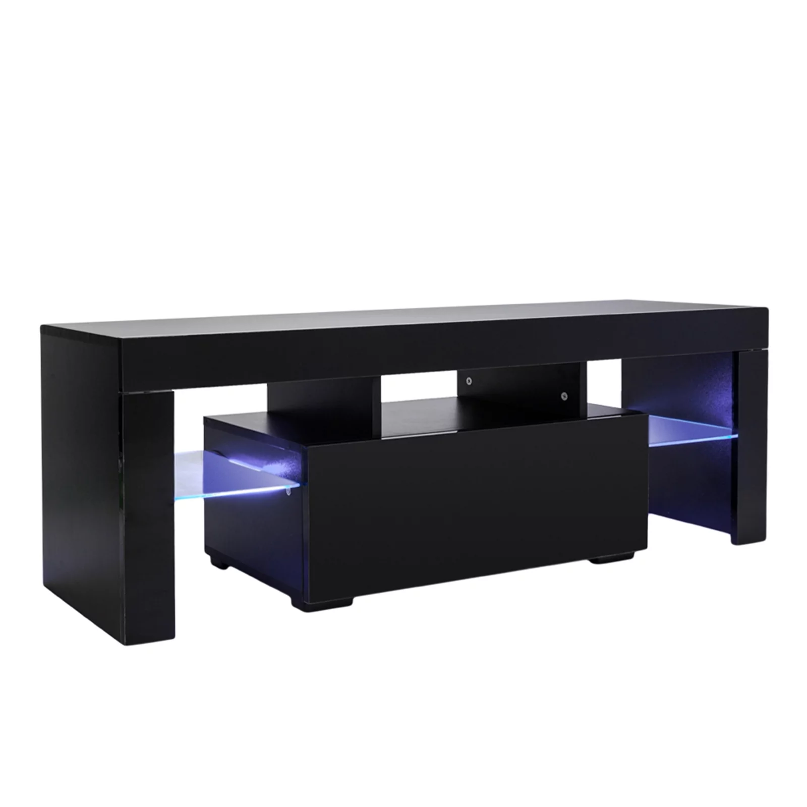 Black TV Stand for 50 Inch TV, Modern High Glossy TV Cabinet with LED Lights, Living Room Corner TV Console Table with Storage Drawers and Shelves, Entertainment Center