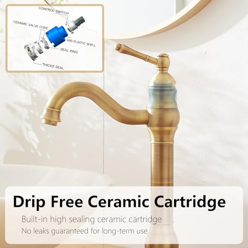 Antique Brass Vessel Sink Faucet 360° Swivel for Bathroom Bowl Sink Single Hole Farmhouse Tall Commercial Vanity with Pop Up Drain Without Overflow Combo