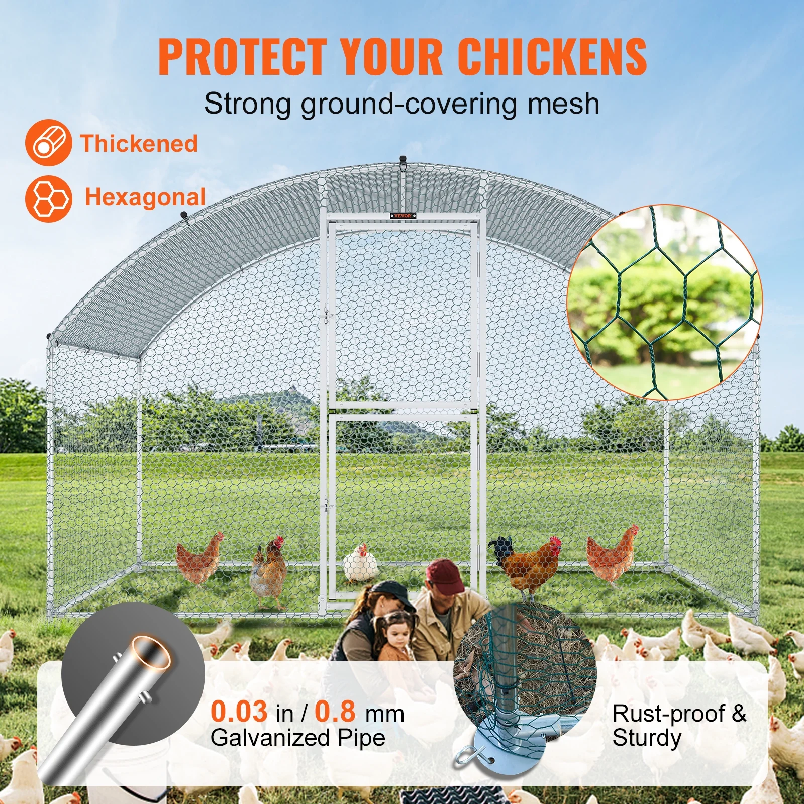 SKYSHALO Chicken Coop Large Metal Chicken Cage House Waterproof Run Large Metal Chicken Coop Outdoor Walk in Chicken Coop Cage Backyard Farm Use 6.6x9.8x6.6 ft Dome Roof