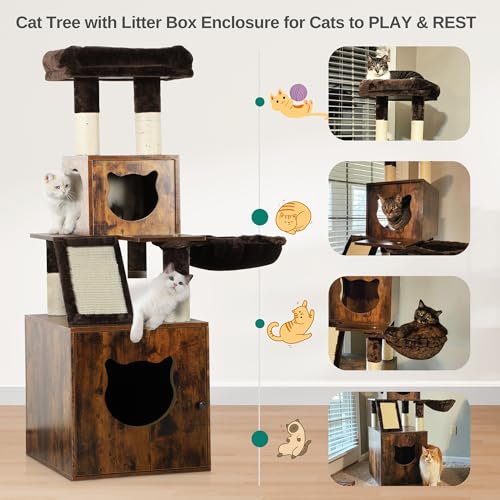 YITAHOME Cat Tree with Litter Box Enclosure, Hidden Cat Litter Box Furniture with Sisal Scratching Post, Wooden Cat House with Basket, Brown