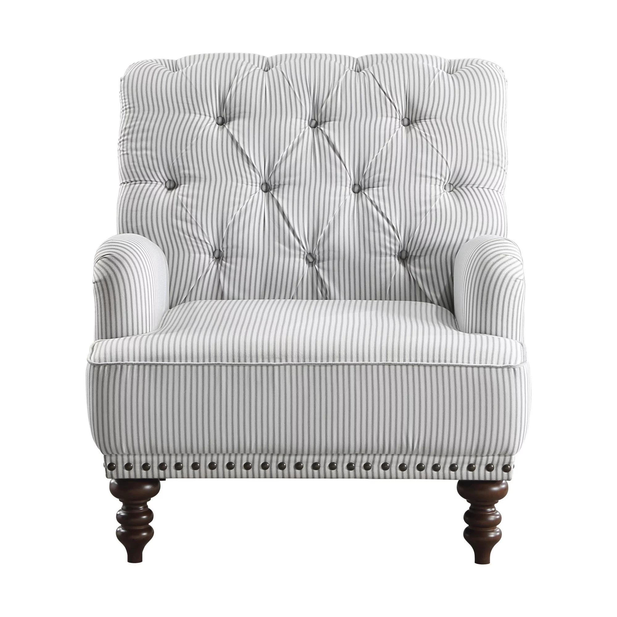 Benjara BM300943 34 in. Parry Tufted Striped Fabric & Turned Legs Accent Chair, Gray, White & Brown