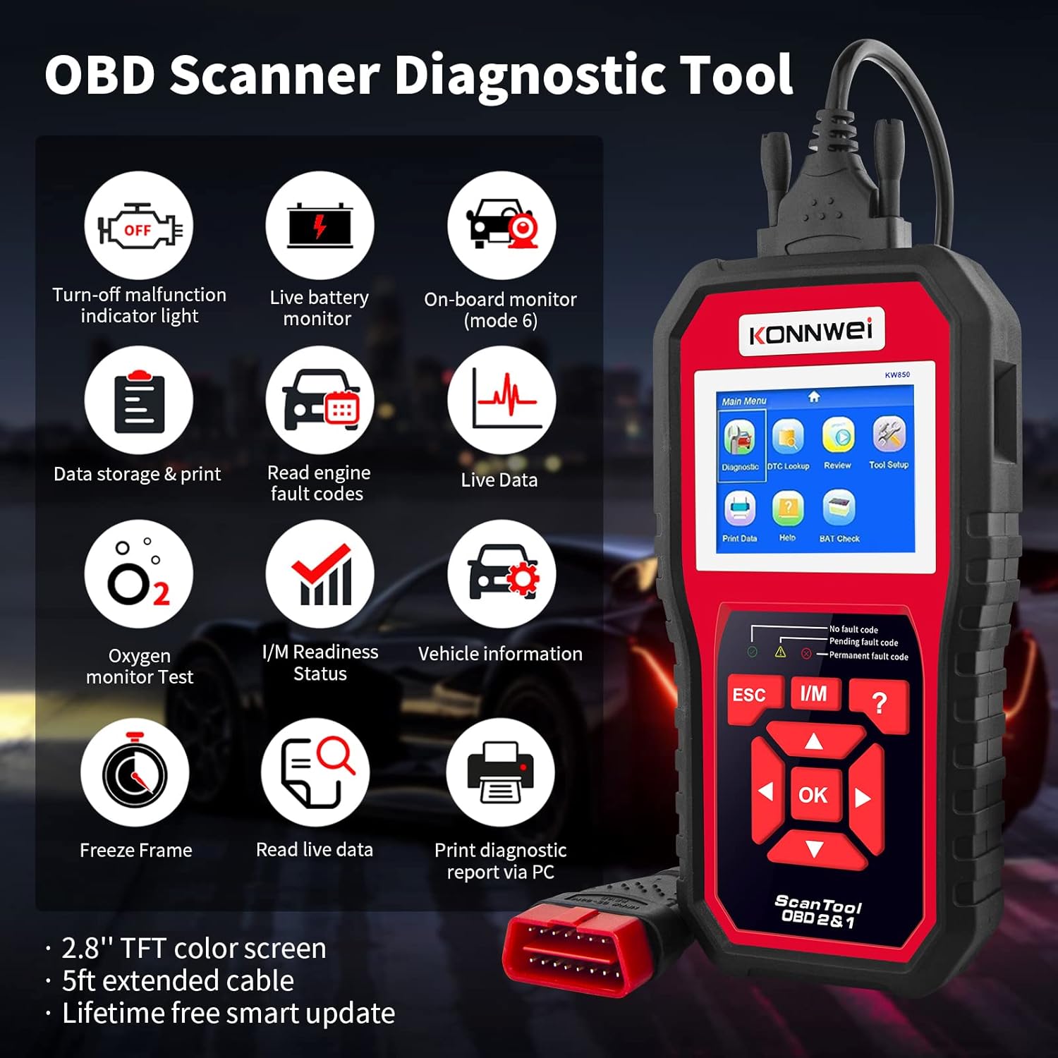 KONNWEI KW850 OBD II Scanner Check Engine Code Reader CAN Diagnostic Scan Tool with O2 Sensor Test Freeze Frame I/M Readiness Print Data EVAP System Battery Test for All OBD2 Cars (Updated Version) Pack of 2