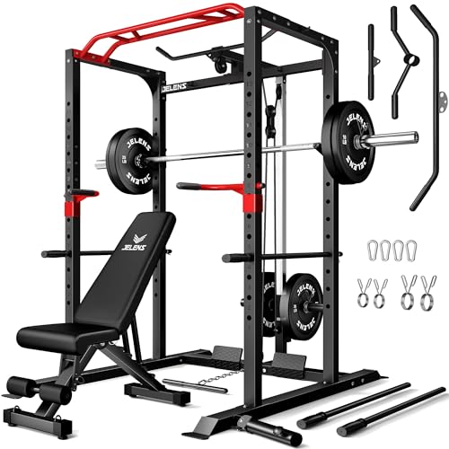 Power Cage, 2000LBS Multi-Function S11 Power Rack with LAT Pulldown, Squat Rack with Adjustable Pulley System and More Training Attachments, Weight Workout Machine for Home Gym