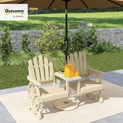 Outsunny Wooden Garden Bench with Table, Umbrella Hole, 2-Seat Wagon Wheel Outdoor Bench with Slatted Seat, High Backrest, Armrests for Backyard, Patio, Garden, Carbonized