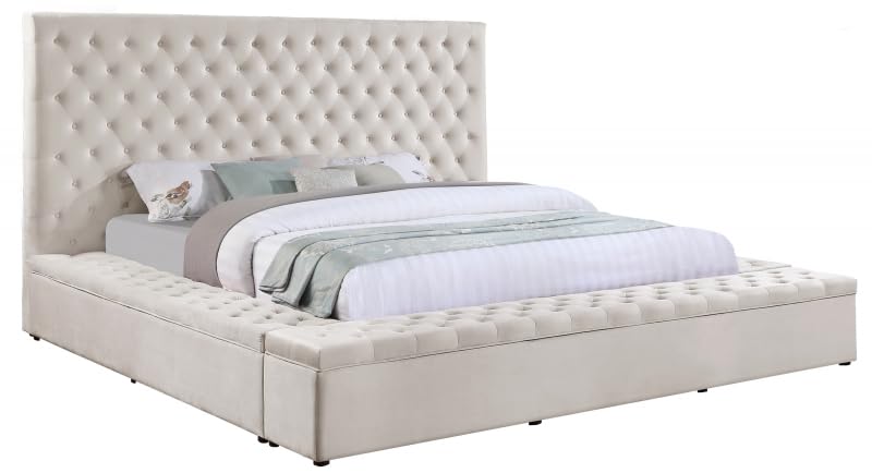 First of a Kind Modern Velvet Tufted upholstered Platform Storage Bed, Bed with deep Button Tufting and Storage Compartments in Rails and Footboard (Cream, Eastern King)