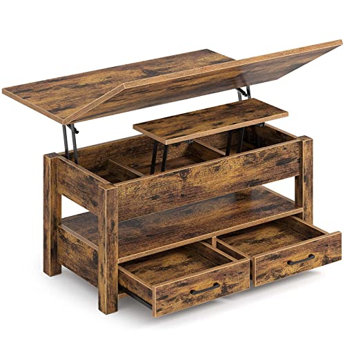 Rolanstar Coffee Table Lift Top, Multi-Function Convertible Coffee Table with Drawers and Hidden Compartment, Converts to Dining Table for Living Room, Home Office,Black