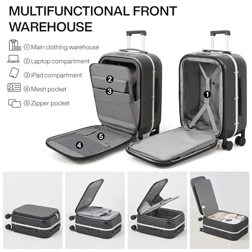 mixi Carry On Luggage, 20'' Suitcase with Front Laptop Pocket, Travel Rolling Luggage Aluminum Frame PC Hardside with Spinner Wheels & TSA Lock and Cover - Smoke White