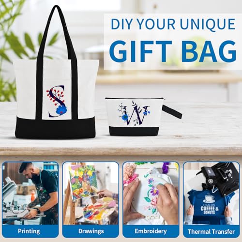 16 Pack Canvas Tote Bags Bulk and Makeup Pouches Set, 12oz Cotton Reusable Zippered Grocery Bags with Handles, DIY Sublimation, Halloween Craft, Beach & Travel with External Pocket (Women & Men)