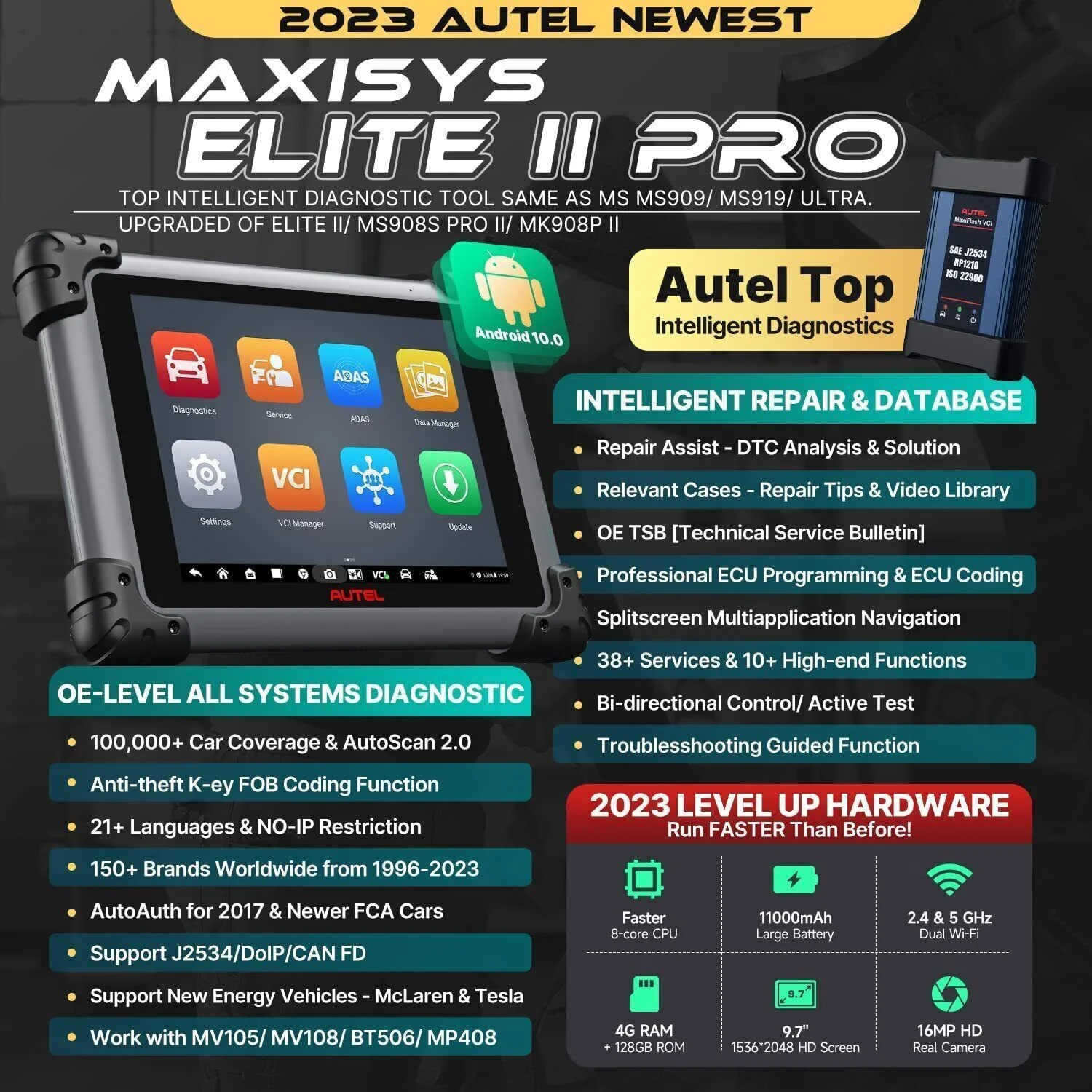 Autel Scanner Maxisys Elite II Pro Car Diagnostic Scan Tool, Intelligent Diagnostic 2.0 J2534 ECU Programming & Coding, 38 Services, CAN FD & DoIP, 2 Year Free Update