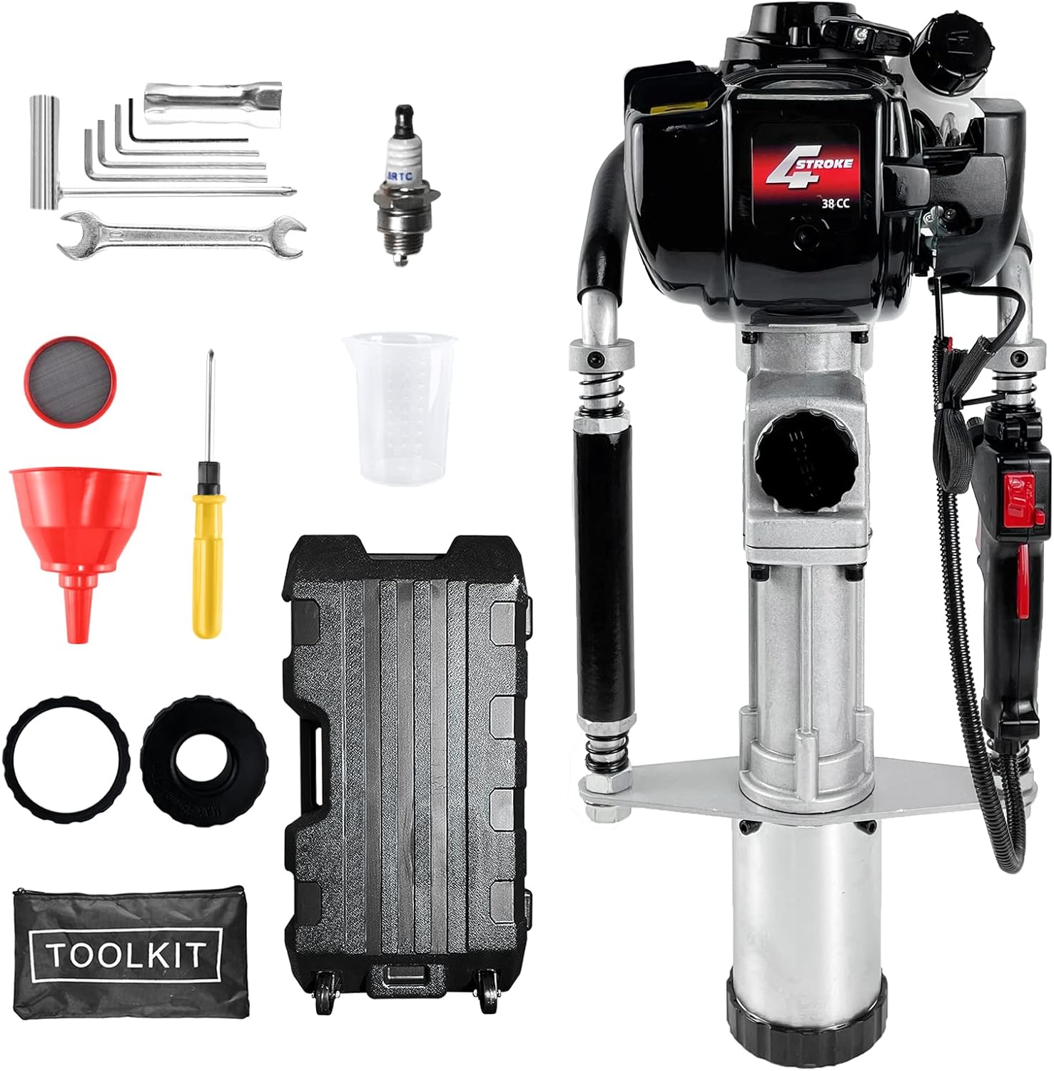 Gas Powered 4-Stroke T Post Driver Hammer Drills, 37.7CC Gasoline Engine Pile Driver, Air Cooling Single Cylinder Gasoline Petrol Garden Fencing Tool Machine with 2 Post Driving Head