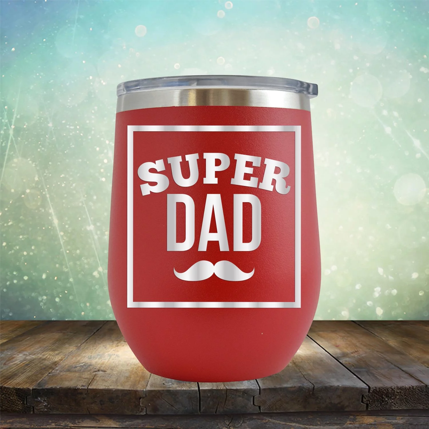 Super Dad with Mustache - Engraved 12 oz Red Wine Cup Unique Funny Birthday Gift Graduation Gifts for Men or Women Fathers Day Dad Daddy Papa Pops best buckin