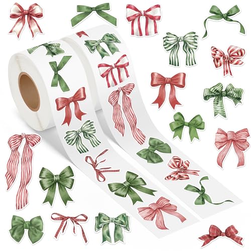 Christmas Watercolor Bow Roll Stickers - 1000Pcs Xmas Red Green Bow Coquette Watercolor Aesthetic Vinyl Decals for Girls, Christmas Vintage Label Decoration for Scrapbook Laptop Party Gift