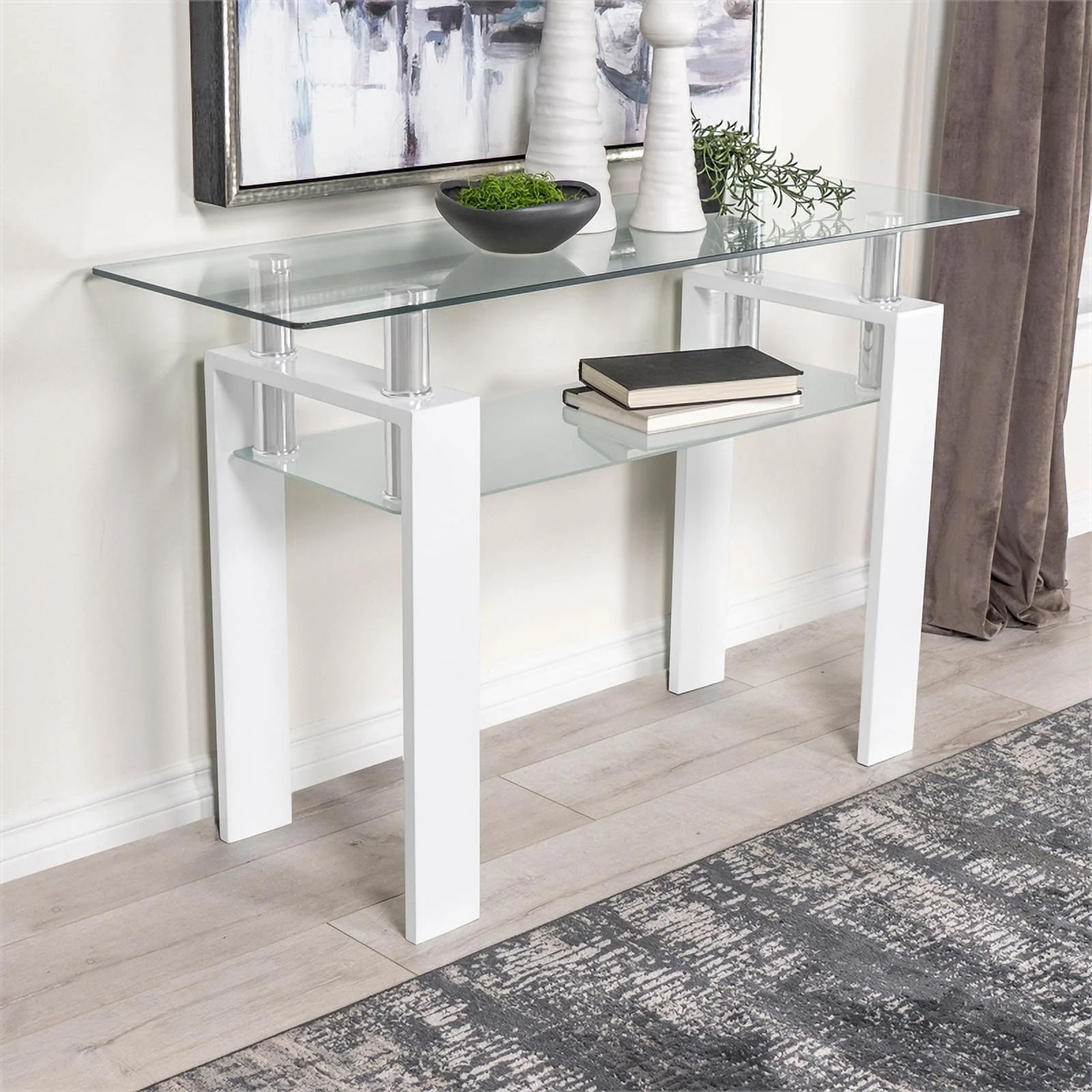 Pemberly Row Metal Rectangular Glass Top Sofa Table With Shelf White