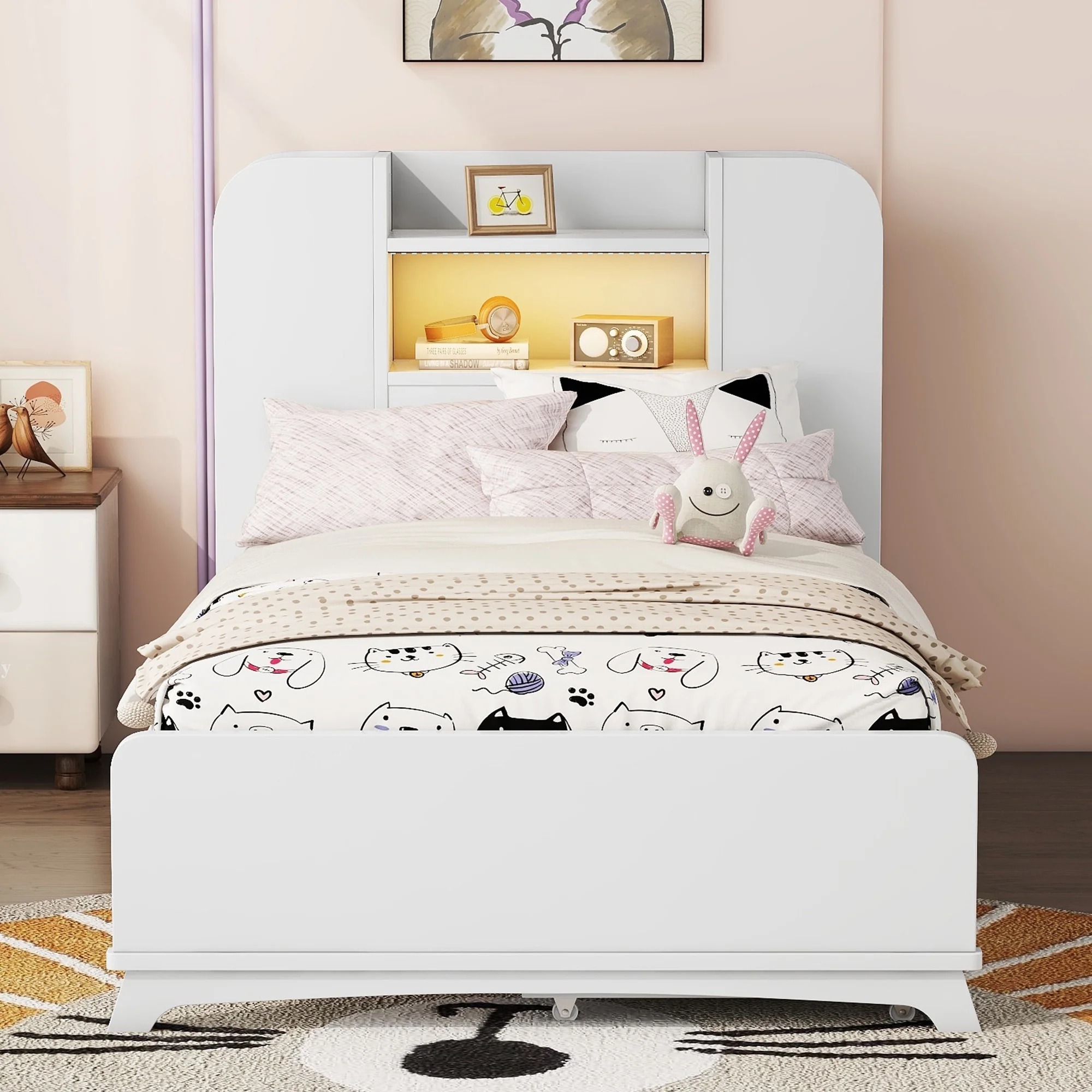 EUROCO Wood Twin Size Platform Bed with Storage Headboard and 2 Drawers, Open Shelf and LED Light for Kids Teens Adults, White