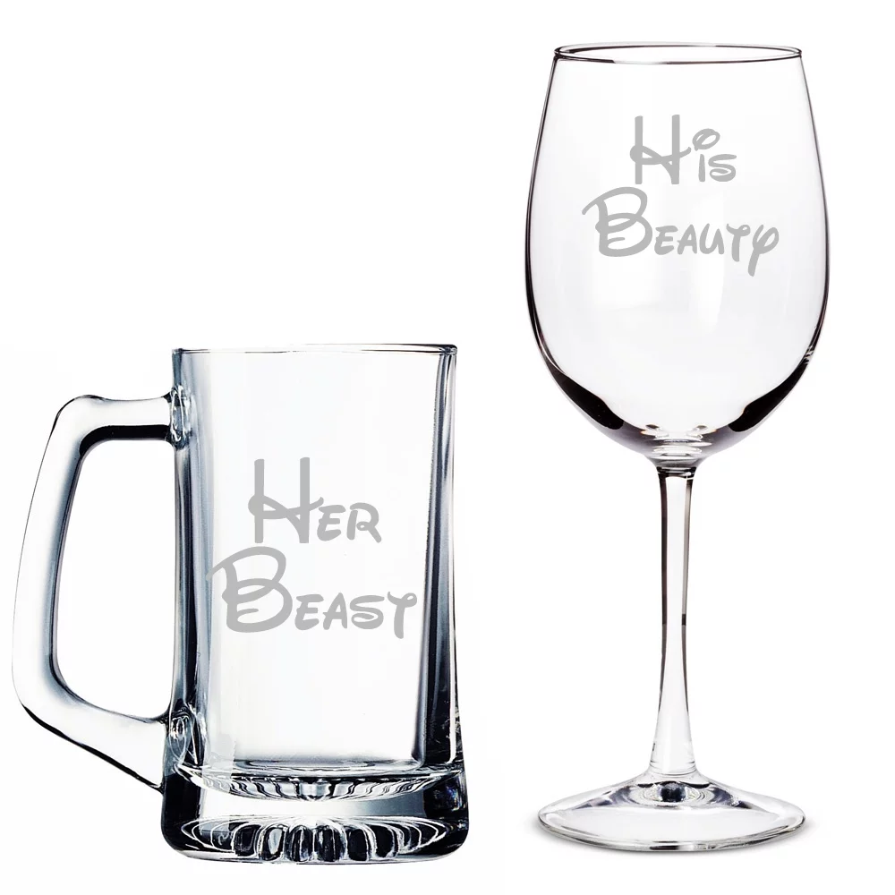 Her Beast Beer Mug and His Beauty Wine Glass Set