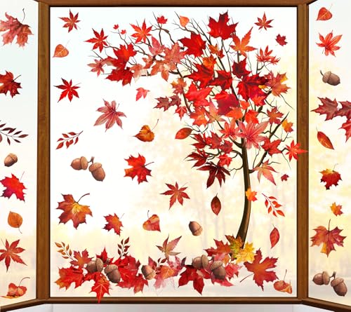 Whaline 6 Sheet Large Winter Window Clings Christmas Snowflake Tree Snowman Penguin Reusable Window Decals for Xmas Party Home Glass Decor (Blue)