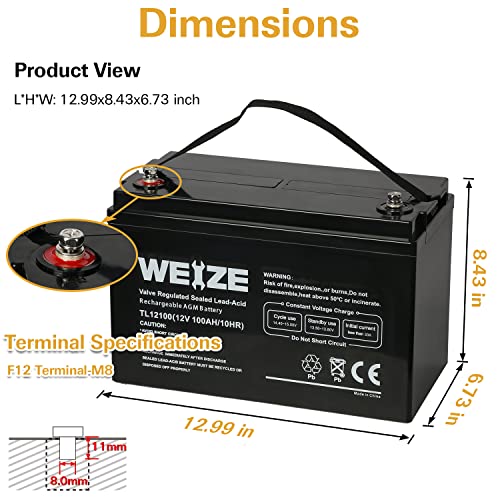 Weize Deep Cycle AGM 12 Volt 100Ah Battery, Maintenance-Free, 3% Self-Discharge Rate, 1150A Max Discharge Current, Perfect for RV, Solar, Trolling Motor, Wind, Marine, Camping and Off-Grid System