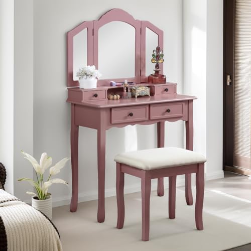 Roundhill Furniture Sanlo Wooden Vanity | Make Up Table and Stool Set | White