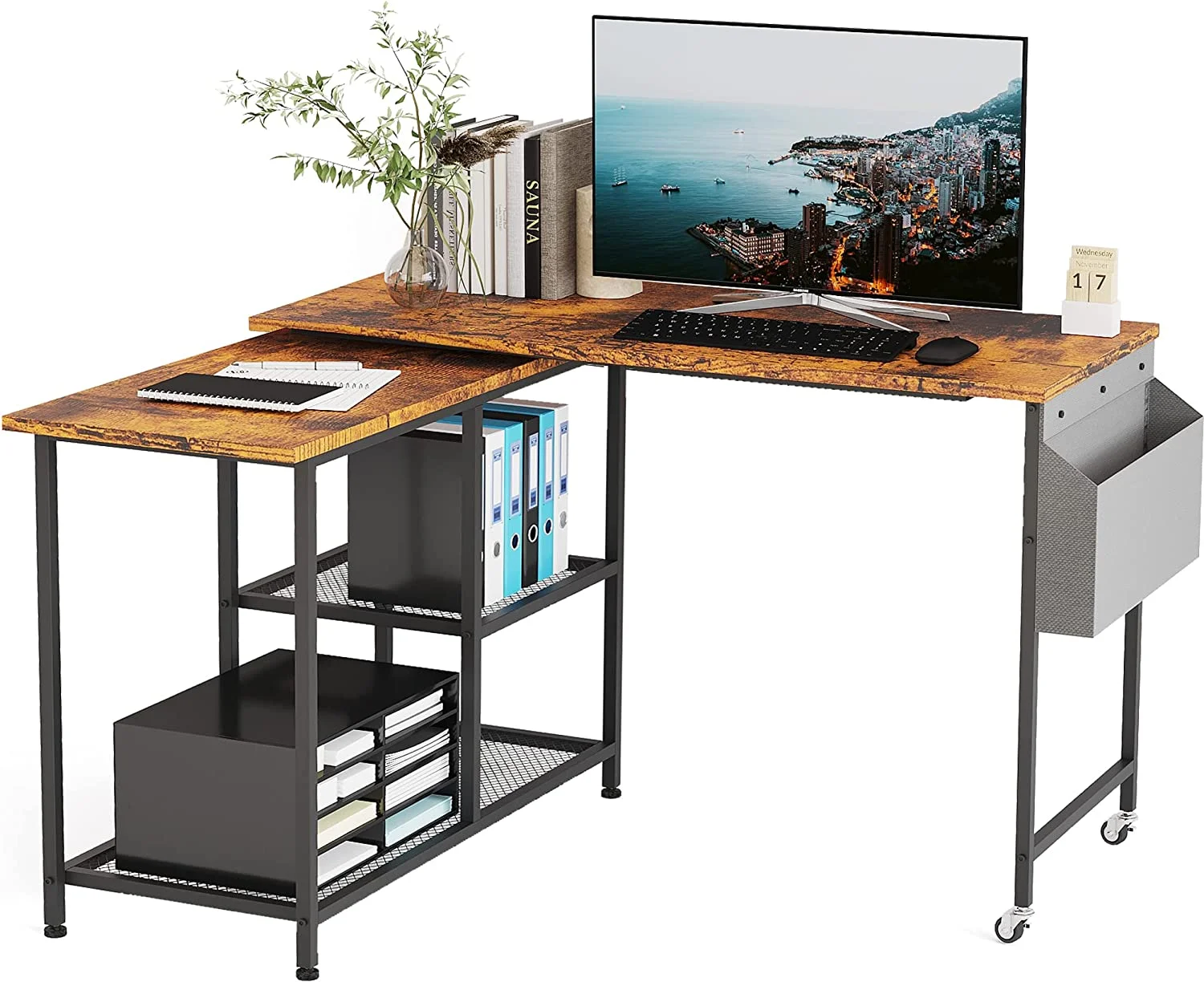 Industrial °Rotating  Office Desk  L-Shaped Corner Computer Desk 67 Inch Large Office Writing Study Workstation with Shelves &  Bag  Rustic Brown