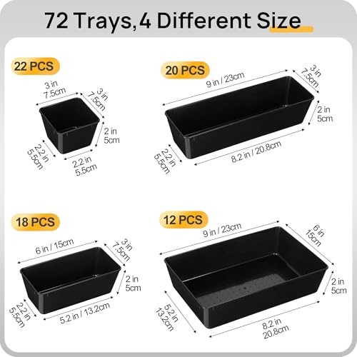 Vtopmart 72 PCS Clear Plastic Drawer Organizers Set, 4-Size Versatile Bathroom and Vanity Organizer Trays, Non-Slip Storage Containers for Makeup, Jewelries, Bedroom，Kitchen Utensils and Office