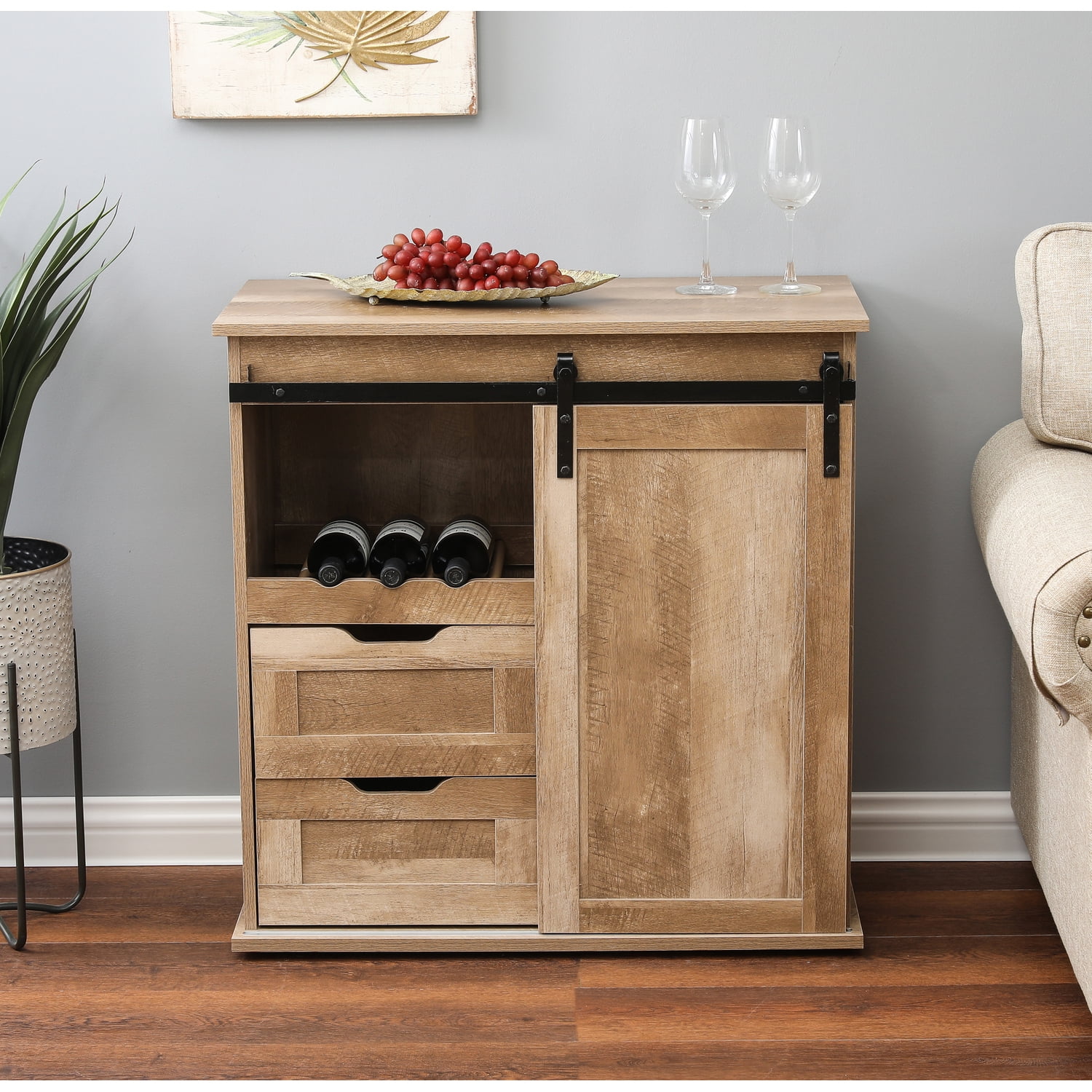 LuxenHome Natural Oak Finish Wine and Storage Cabinet