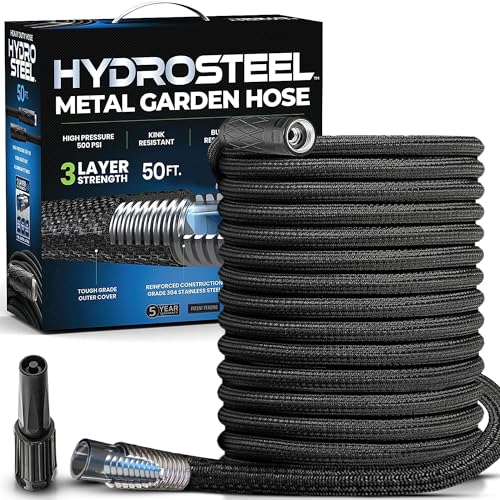 HYDROSTEEL 100 Ft Metal Garden Hose with Sprayer Nozzle, Indestructible 3-Layer Stainless Steel Heavy Duty Water Hose 100 Ft x 5/8 in. Kink Free Design Will Not Kink, Flexible, NON Expandable, 500 PSI
