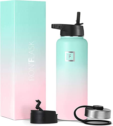 IRON °FLASK Camping & Hiking Hydration Flask with 3 Lids - Stainless Steel, Double Walled & Vacuum Insulated Water Bottle - Leak Proof & BPA Free (Midnight Black, Straw - 40 oz)