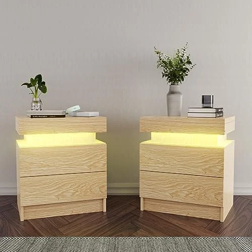 KHBIULIFE LED Nightstand White Nightstand with Led Lights Modern Night Stand with 2 High Gloss Drawers Led Bedside Table Smart Nightstand for Bedroom 20.5\u201D Tall