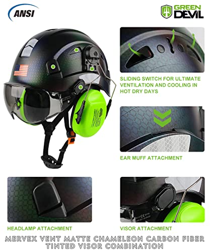 GREEN DEVIL Safety Helmet Hard Hat with Visor and Ear Protection Adjustable Lightweight Vented ABS Work Helmet 6-Point Suspension ANSI Z89.1 Approved Ideal for Industrial & Construction …