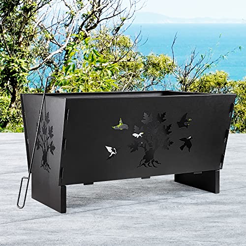 Fire Pit,Wood Fire Pits,Bonfire Pit,Fire Pits for Outside,28 Inch Rectangle Cast Iron Fire Pit for Patio,Backyard with Fire Poker and Metal Grate,Tree Cutout Pattern