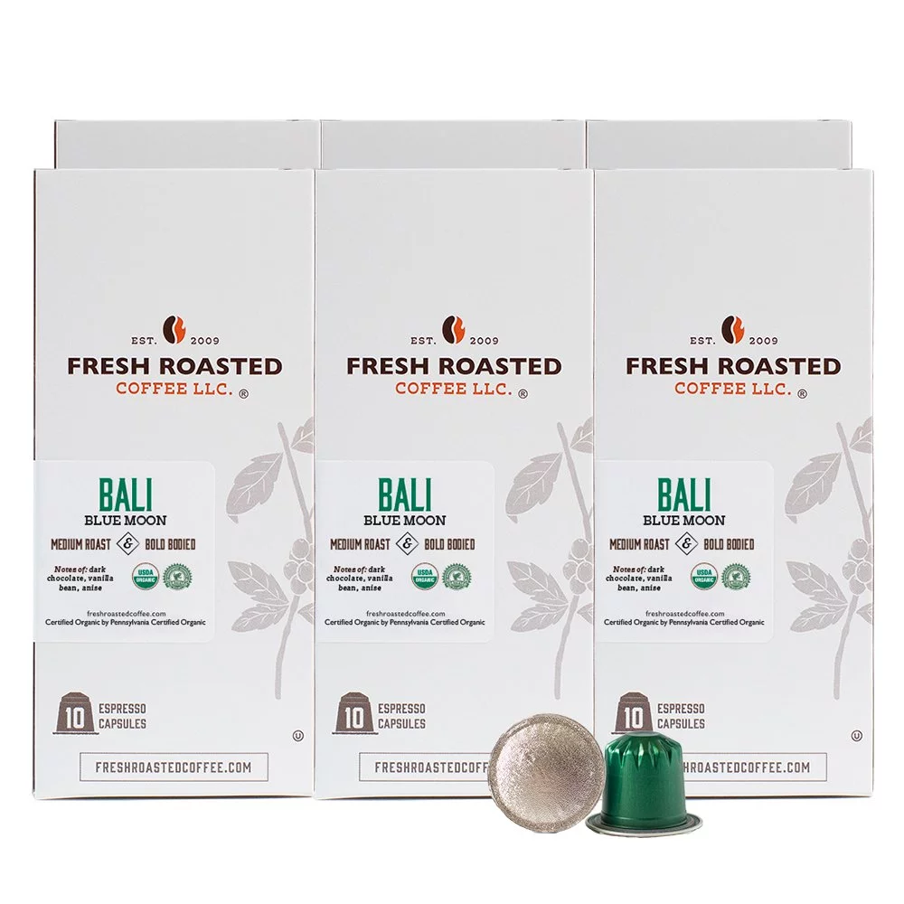 6 boxes Fresh Roasted Coffee Espresso Pods for Nespresso OriginalLine  Organic Bali Blue Moon 10 ct