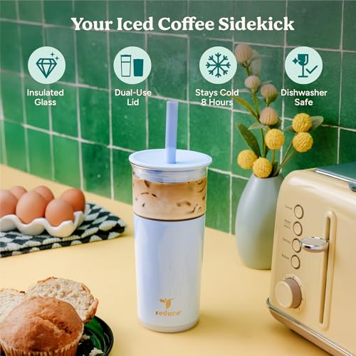 REDUCE Aspen 20 oz Vacuum Insulated Glass Tumbler with Lid & Extra Wide Straw - Keeps Drinks Cold for 12 Hrs - Ideal for Iced Coffee, Smoothies & Boba - Dishwasher Safe, Soft Base - Matcha