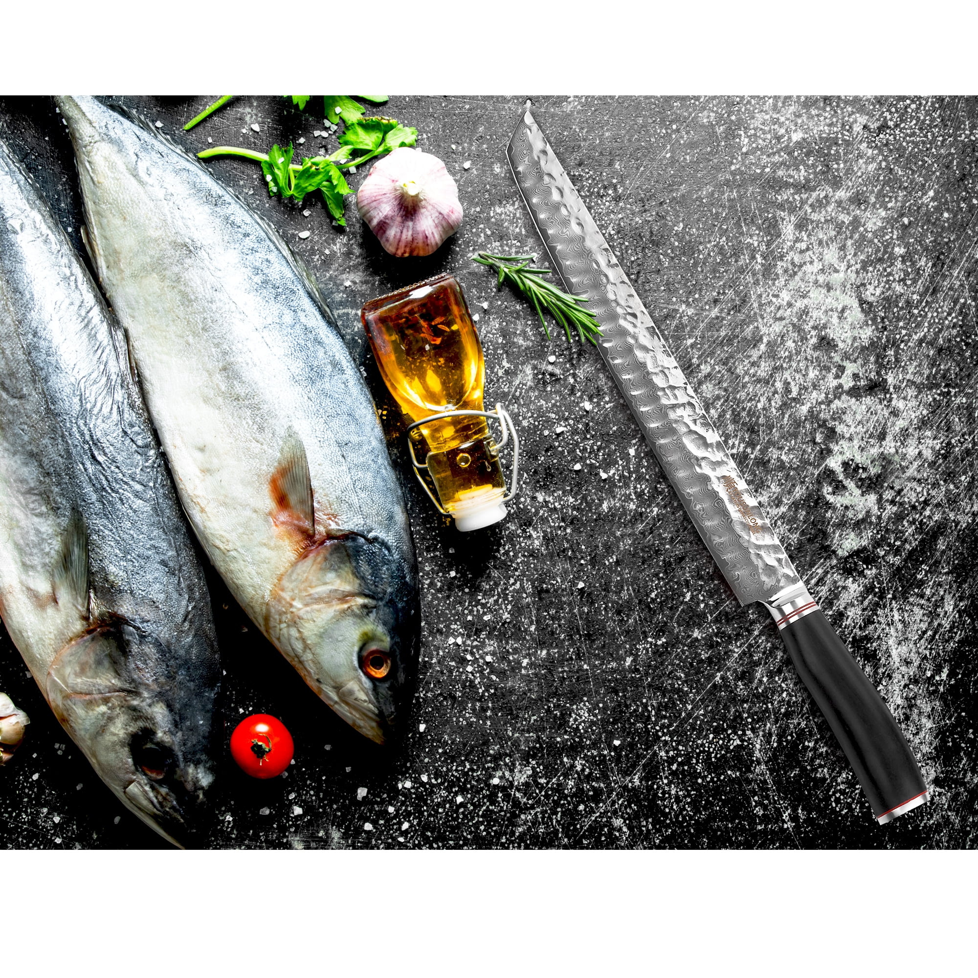 YOUSUNLONG Sujihiki Knife 13 Inch - Japanese Damascus Steel Fillet Knives Naturalwood Handle With Leather Sheath