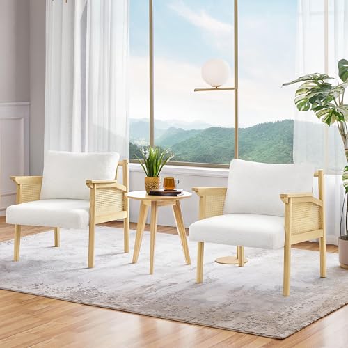 Yaheetech Accent Chair, Boucle Vanity Chair with Rattan Back Arms, Mid Century Chair Upholstered Living Room Chair Lounge Chair Bedroom Balcony White