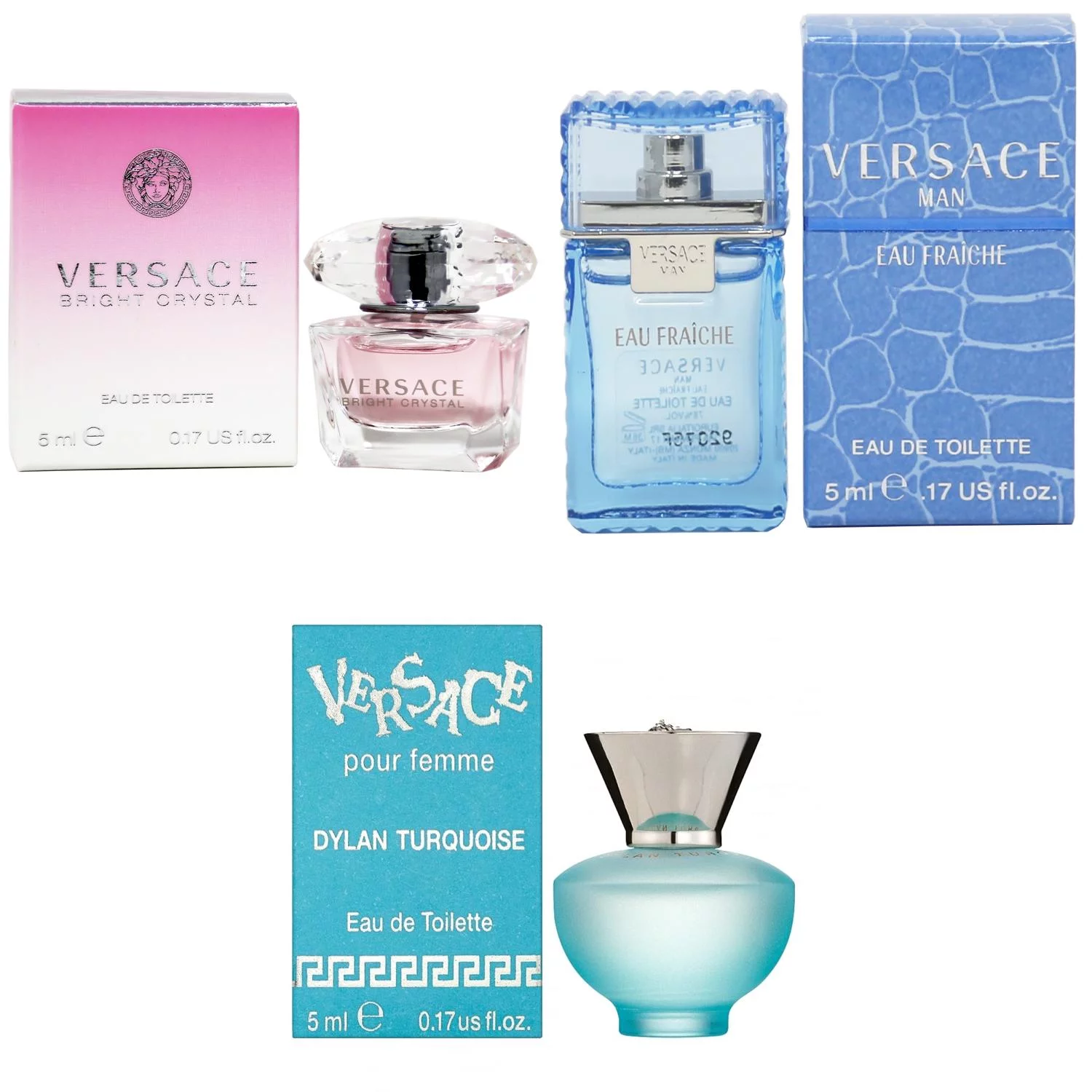 Versace Bright Crystal EDT, Man Eau Fraiche EDT, Dylan Turquoise Femme  - 5ml 3PK Kit