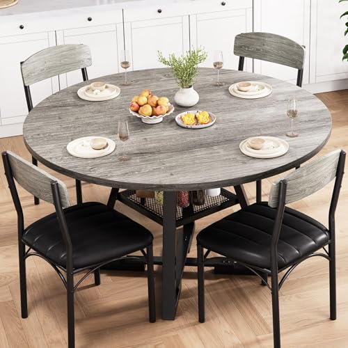 Round Dining Table Set for 4, Kitchen Table and Chairs for 4, Circle Table Round Pedestal Dining Room Dinner Dinette Table Set,5 Piece Space Saving Wood Kitchen & Dining Room Tables Set Furniture