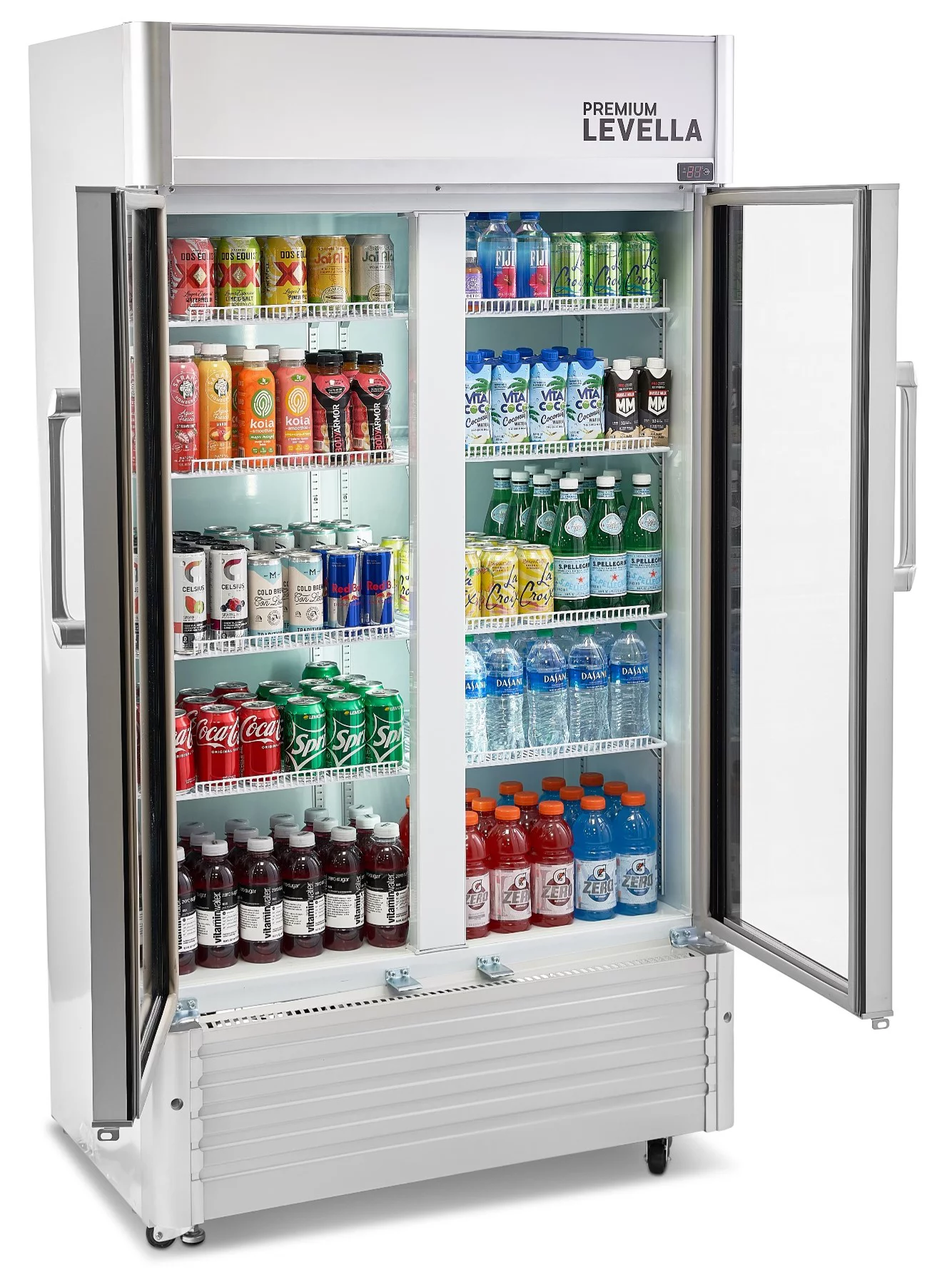 Premium Levella 16 Cubic Foot Commercial Display Refrigerator 2-Glass Door Beverage Merchandiser in Silver