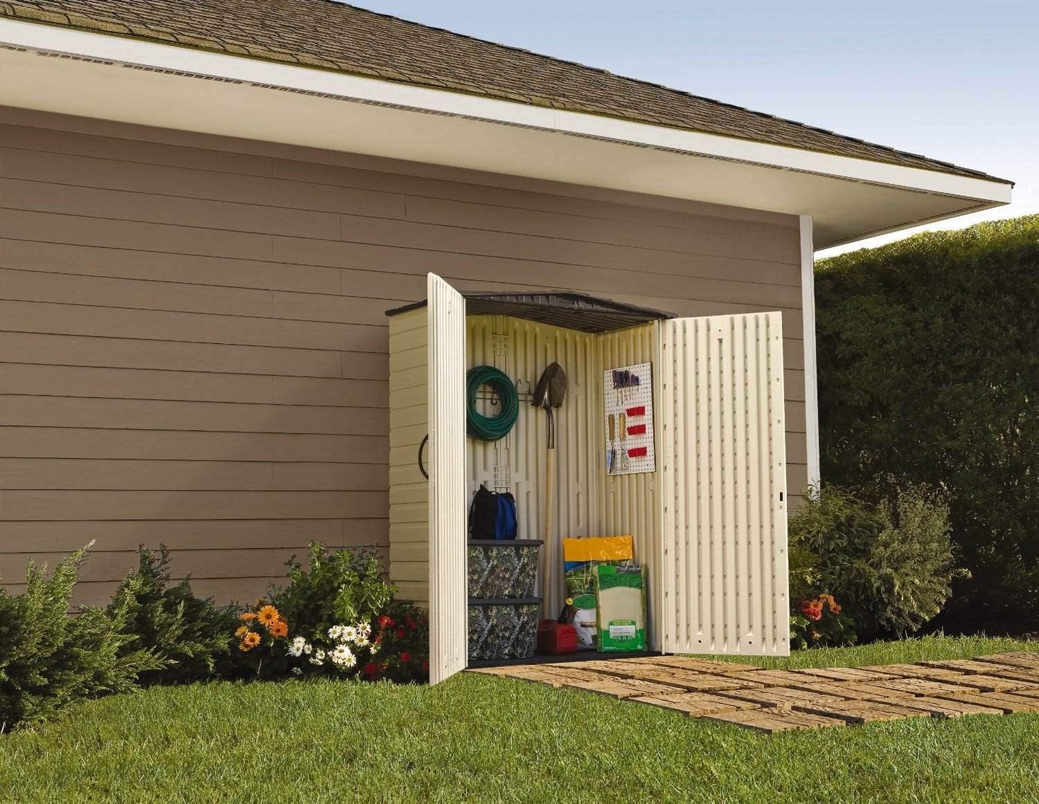 Rubbermaid Small Vertical Resin Outdoor Storage Shed With Floor (2.3 x 4.6 Ft), Weather Resistant, Beige/Brown, Organization for Home/Backyard/Pool Chemicals/Toys/Garden Tools/Porch/Patio Cushions