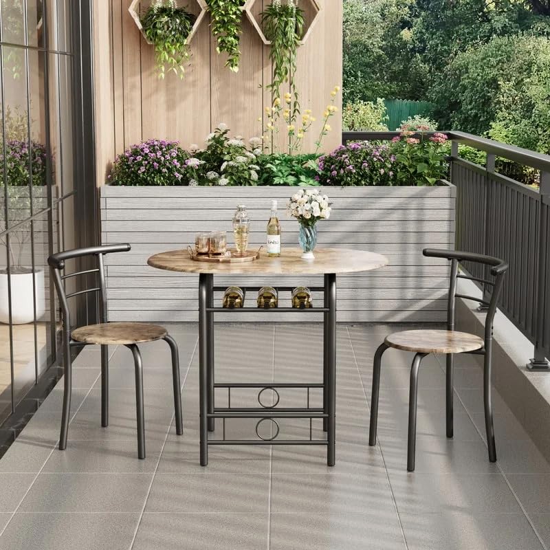 Shahoo 3-Piece Wooden Dining Table Set, Kitchen Breakfast Nook Sets with 2 Chairs & Round Tabletop, Space Saving Furniture Metal Frame and Built-in Wine Rack, Walnut