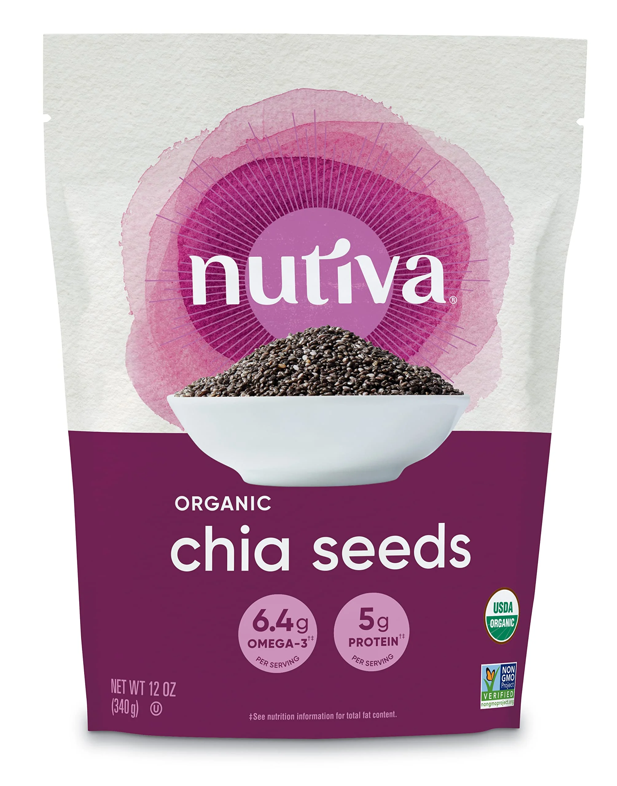 Nutiva Organic Premium Raw Black Chia Seeds, 12 Oz, USDA Organic, Non-GMO, Whole 30 Approved, Vegan, Gluten-Free & Keto, Nutrient-Dense Seeds with 3g Protein & 5g Fiber for Salads, Yogurt & Smoothies