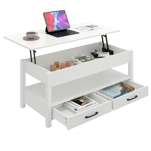 Panana Coffee Table, Lift Top Coffee Table with Hidden Compartment, 2 Drawers and 1 Open Shelf, Retro Central Wooden Table Lift Tabletop for Living Room (Black)