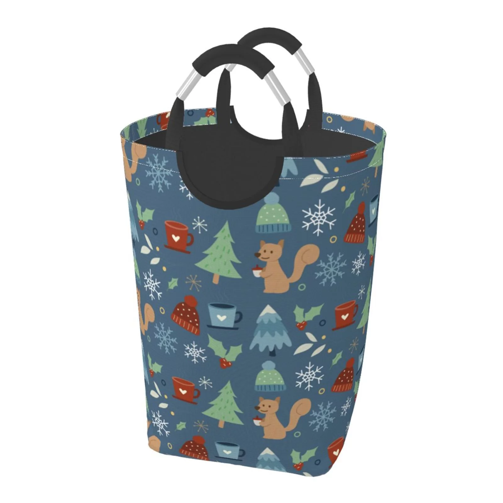 XMXT Collapsible Laundry Basket Hamper, Christmas Squirrel Blue Doodle Large Laundry Bag Clothes Hamper with Aluminum Handle, 50L